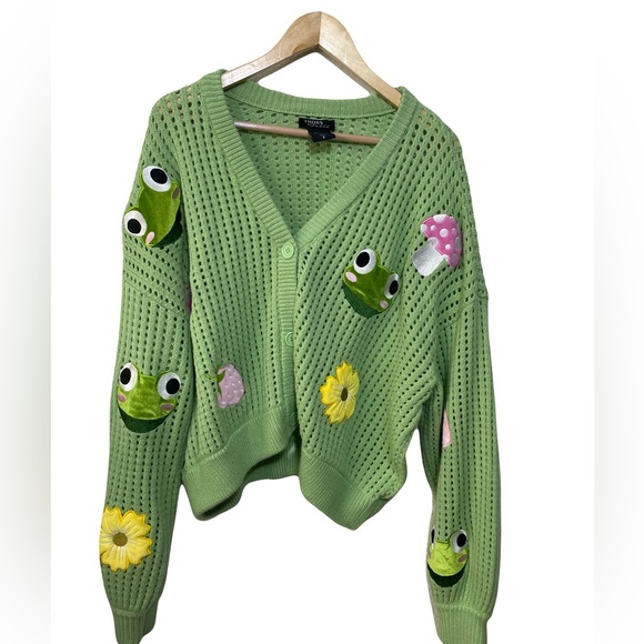 Thorn & Fable Sweaters - Thorn & Fable Green Knit Cardigan – Frogs, Mushrooms & Flowers – Size 3